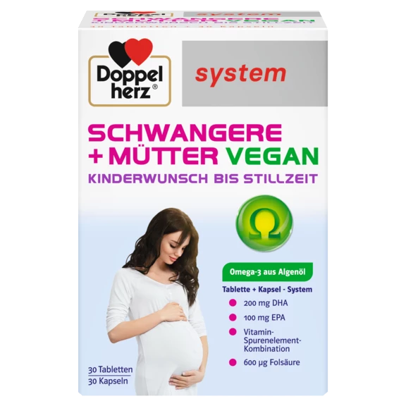 Abbildung der Produktverpackung Doppelherz system SCHWANGERE + MÜTTER VEGAN Frontansicht